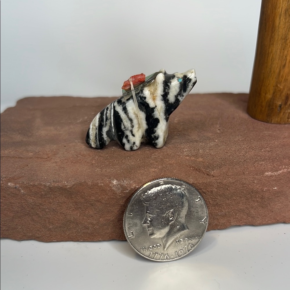 Striped Zebra Marble Stone Bear Figurine.